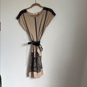 Custom Handmade in NYC Beige and Black Lace Dress w Vegan Leather Tie Belt